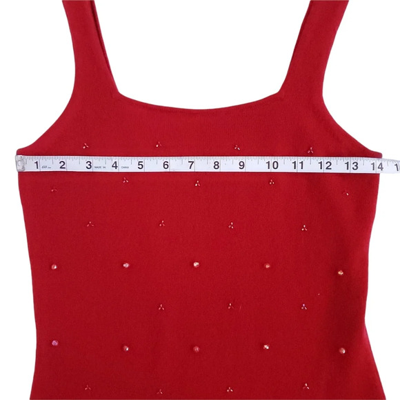 INC Blouse Tee Women's Small 100% Cashmere Red Top Sleeveless Beeds Detail Strap - Picture 10 of 12